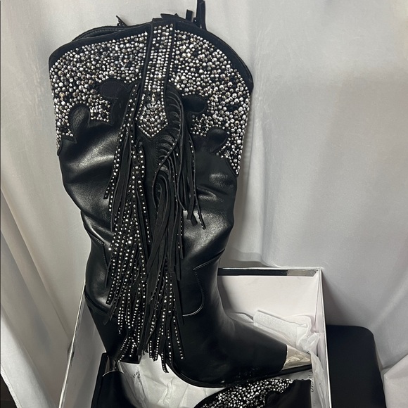 Azalea Wang Shoes - Embellished Black Fringe Heeled Boots